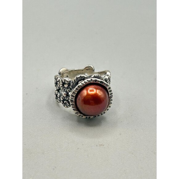Rust Color Pearl Ring Size 4.5 Israel Didae 925 Ornate Filigree Pearl Cabochon - Picture 3 of 7